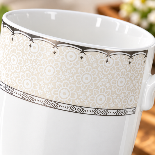 Close-up of the silver lace floral detailing on the porcelain mug