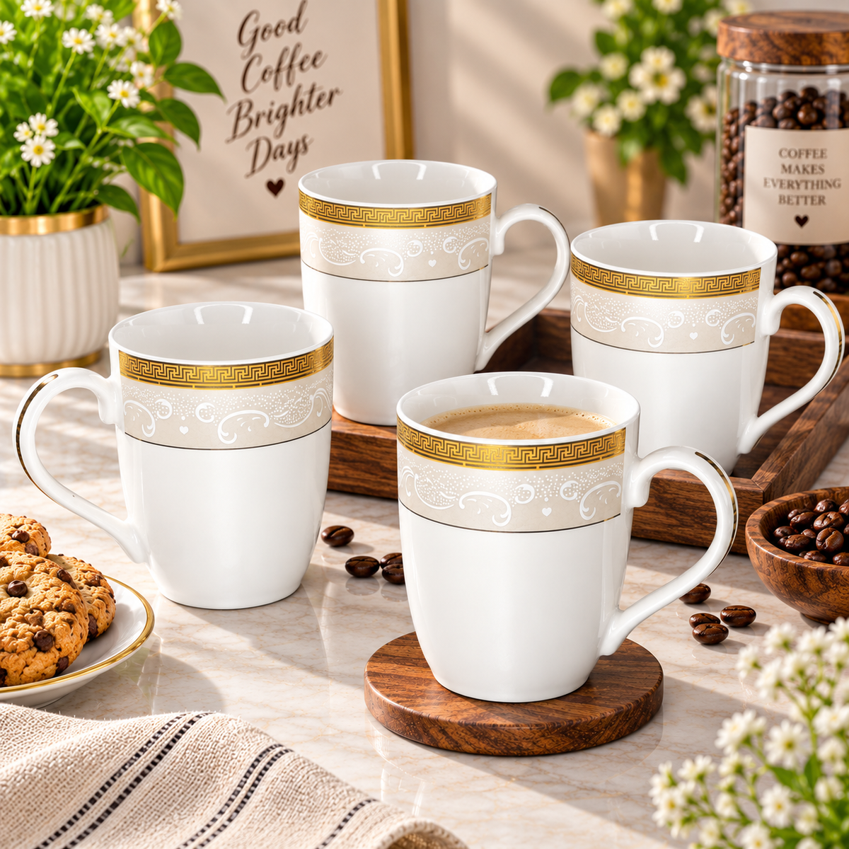 Royal Gold Greek Key ceramic mugs shown as a matching set