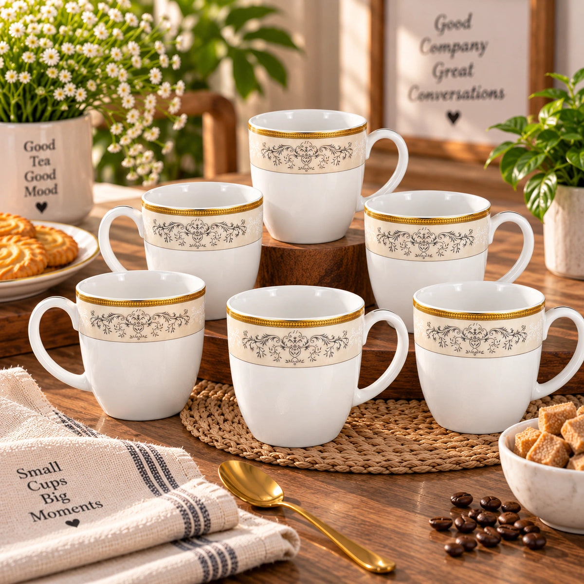 Gold Baroque porcelain tea cups arranged as a table setting
