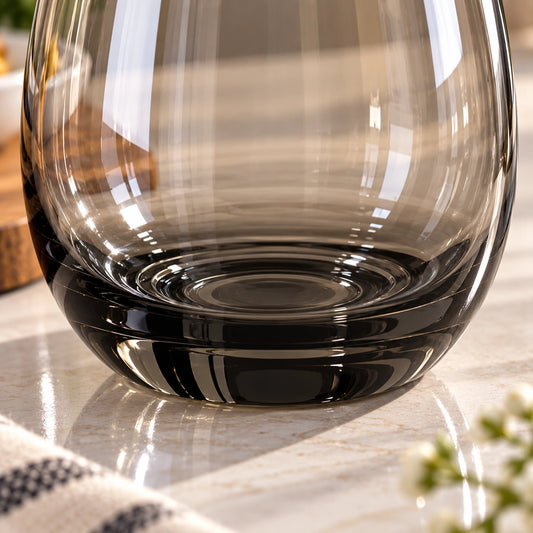 Close-up of the smoky black tint and weighted base of the glass