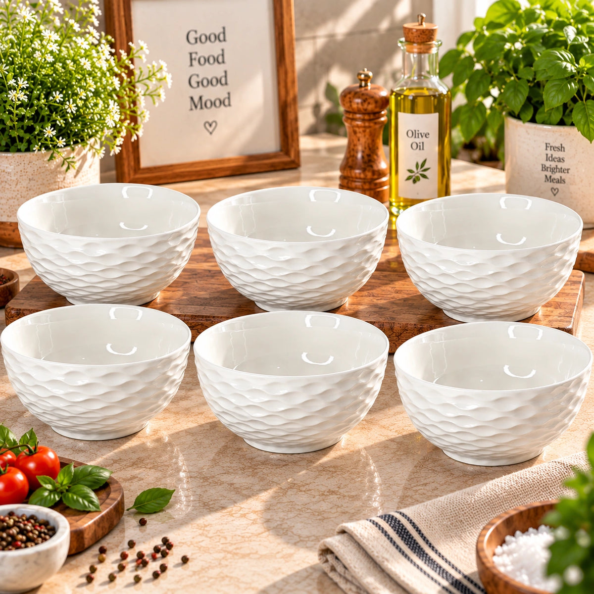 White wave textured ceramic bowls shown as a matching set
