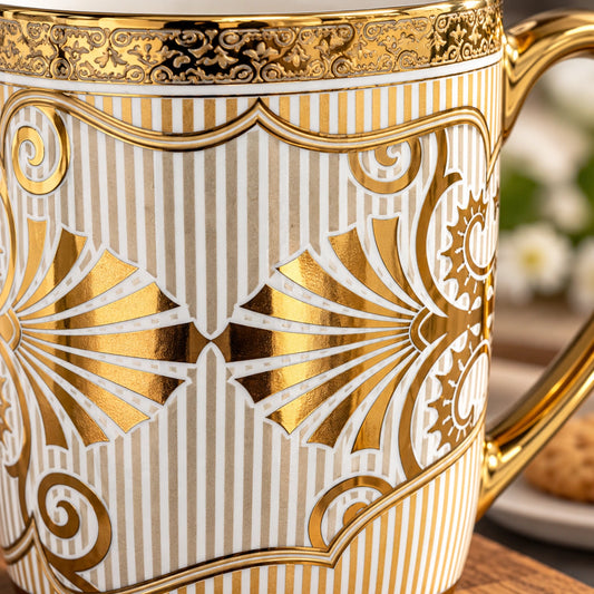 Close-up of the gold Art Deco pattern on the ceramic cup