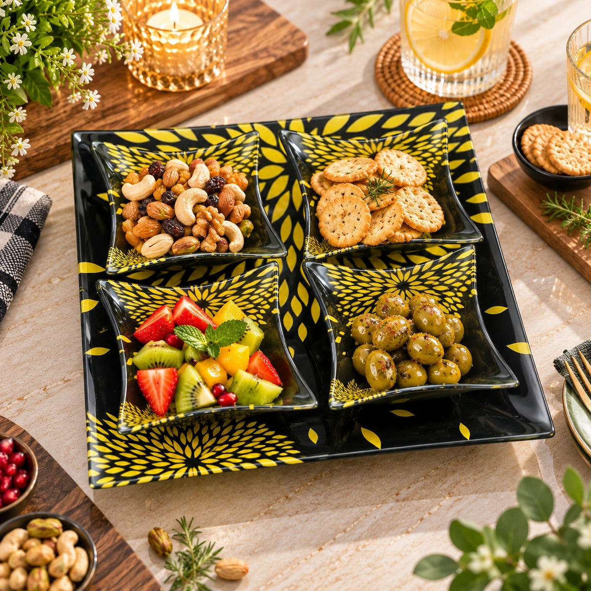 Black and gold sunflower glass serving tray and bowl set shown as 5 pieces