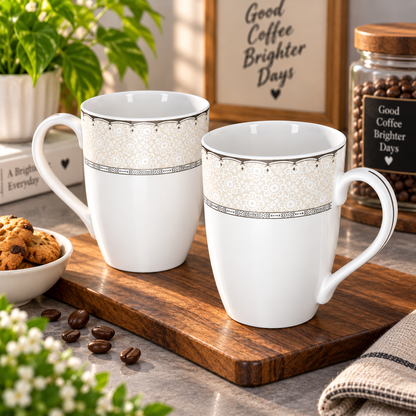 Silver Lace floral porcelain mug shown from the side with its handle