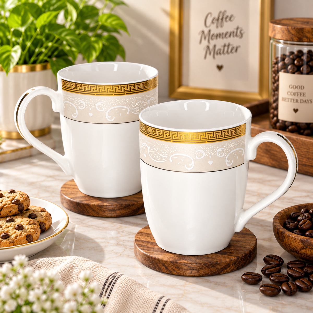 Royal Gold Greek Key ceramic mug styled on a table setting