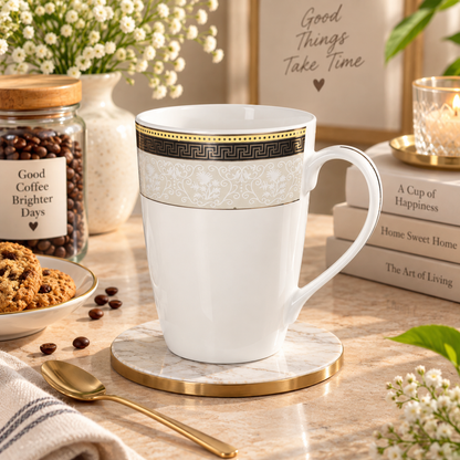Greek Key porcelain mug with a black and gold Greek key band
