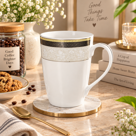 Greek Key porcelain mug with a black and gold Greek key band