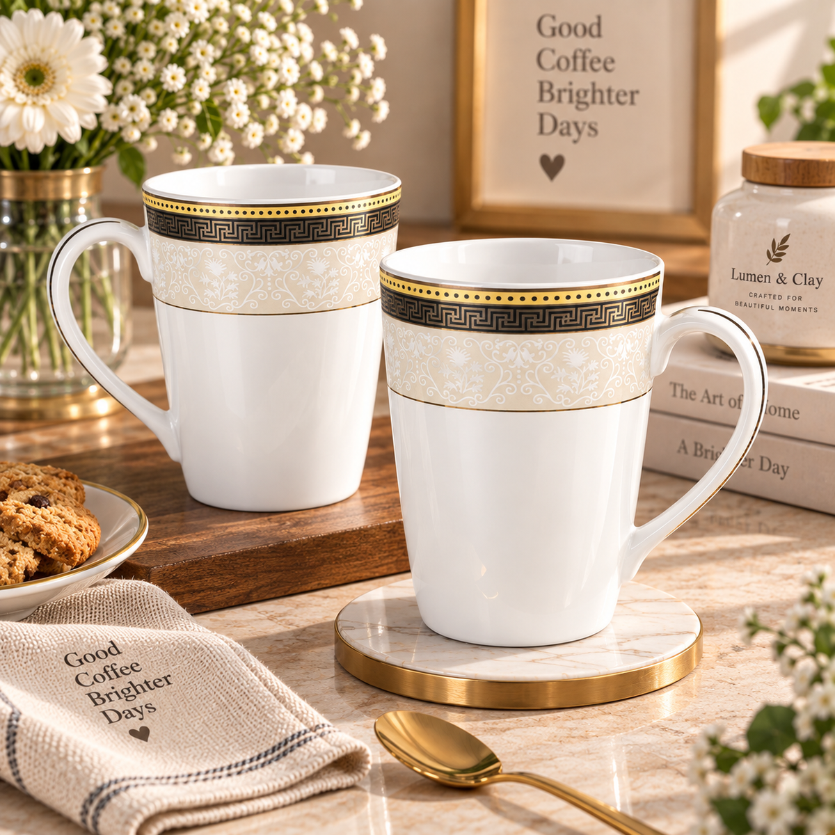 Greek Key porcelain mug shown from the side with its gold-lined handle
