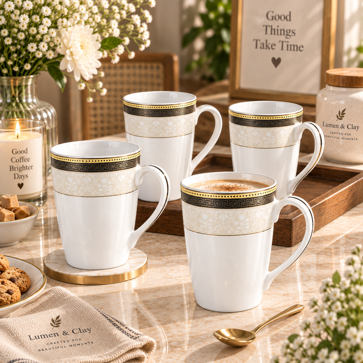 Greek Key porcelain mug styled with tea