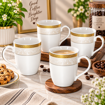 Royal Gold Greek Key ceramic mugs shown as a matching set