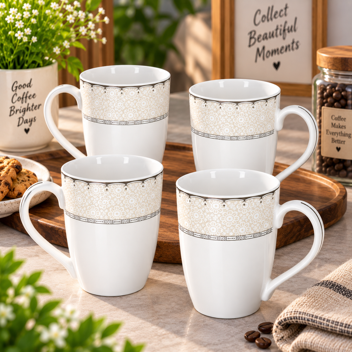 Silver Lace floral porcelain mug styled with tea