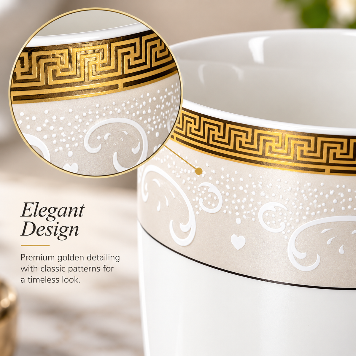Close-up of the gold Greek key pattern on the Royal Gold ceramic mug
