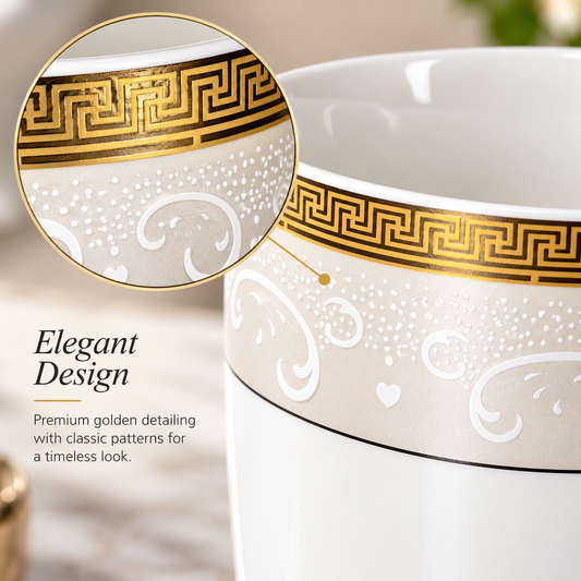 Close-up of the gold Greek key pattern on the Royal Gold ceramic mug