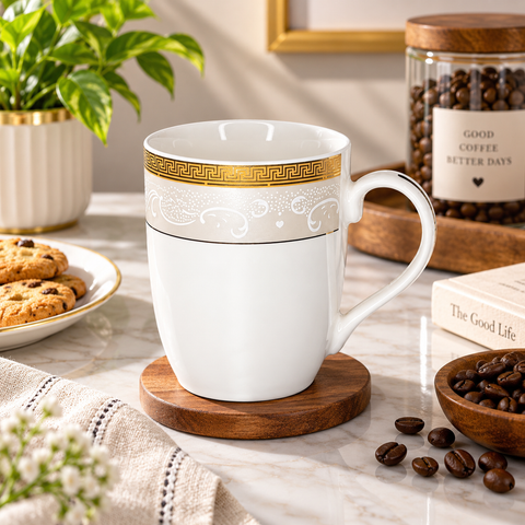 Royal Gold Greek Key ceramic coffee mug in white with a gold Greek key border