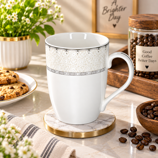 Silver Lace floral porcelain mug with a delicate silver lace pattern