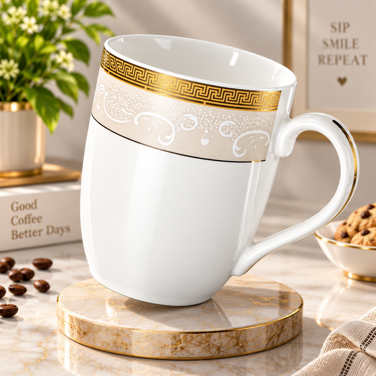 Royal Gold Greek Key ceramic mug shown from the side with its handle