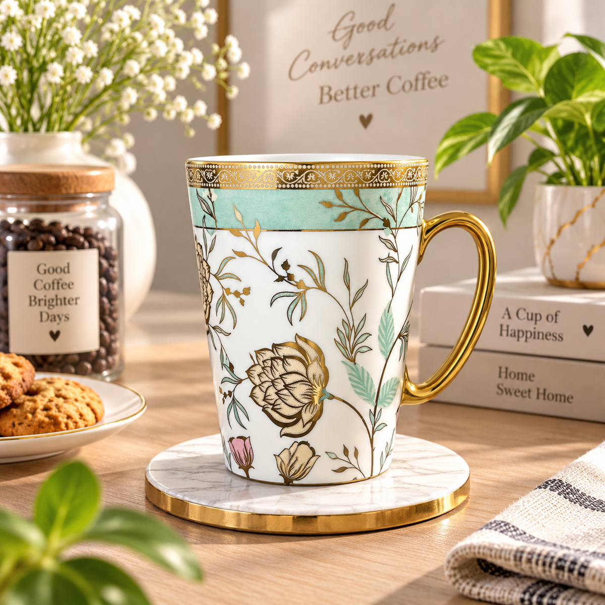 Teal Garden porcelain mug with a teal floral print and gold handle