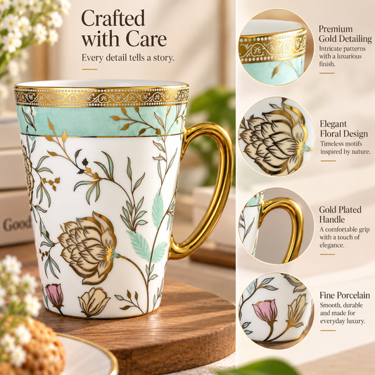 Close-up of the teal garden floral print on the porcelain mug