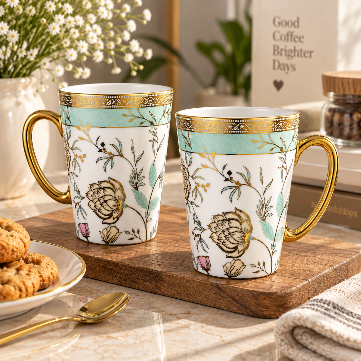 Teal Garden porcelain mug shown from the side with its gold handle