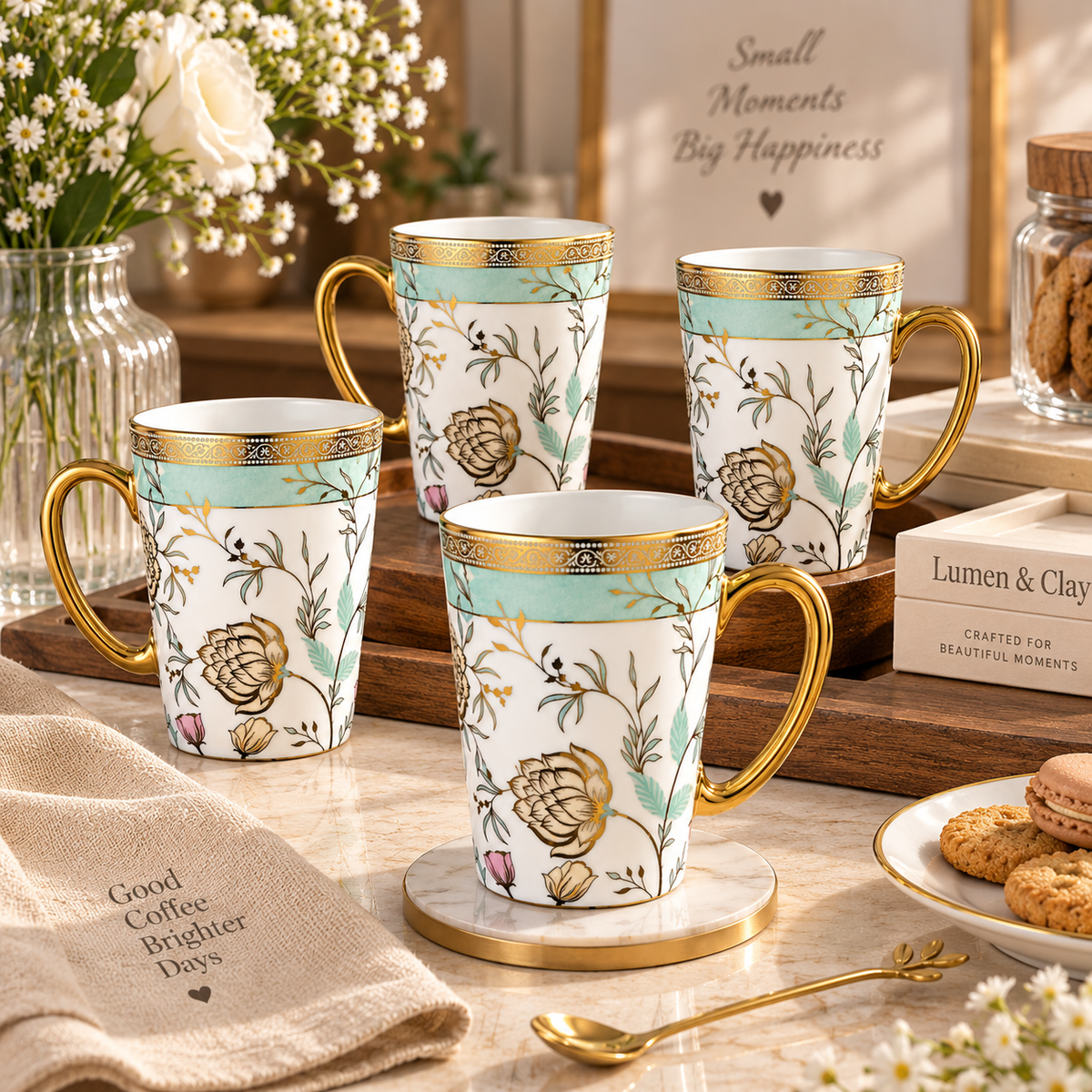 Teal Garden porcelain mug styled with coffee