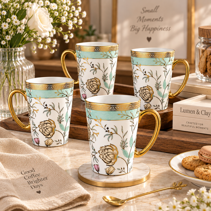 Teal Garden porcelain mug styled with coffee