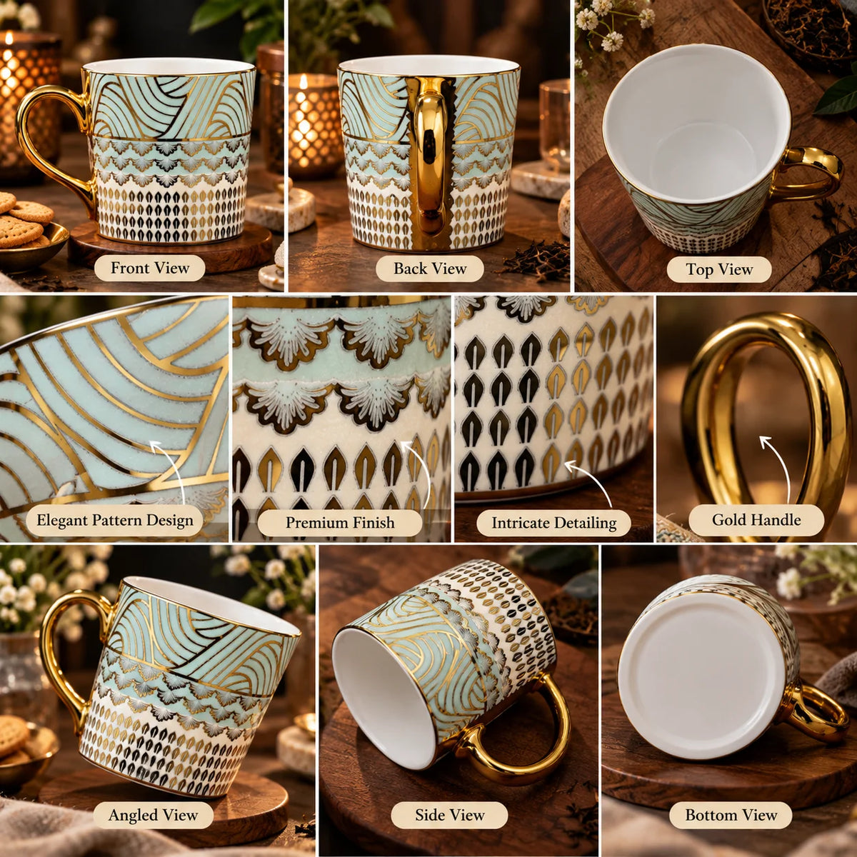 Aurelia Mint & Gold Porcelain Tea Cup Set Of 6