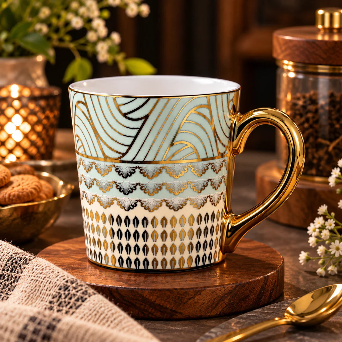 Aurelia Mint & Gold Porcelain Tea Cup Set Of 6