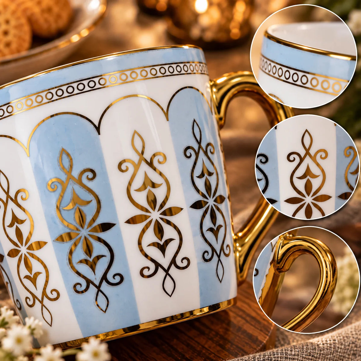 Celeste Blue & Gold Porcelain Tea Cup Set Of 6