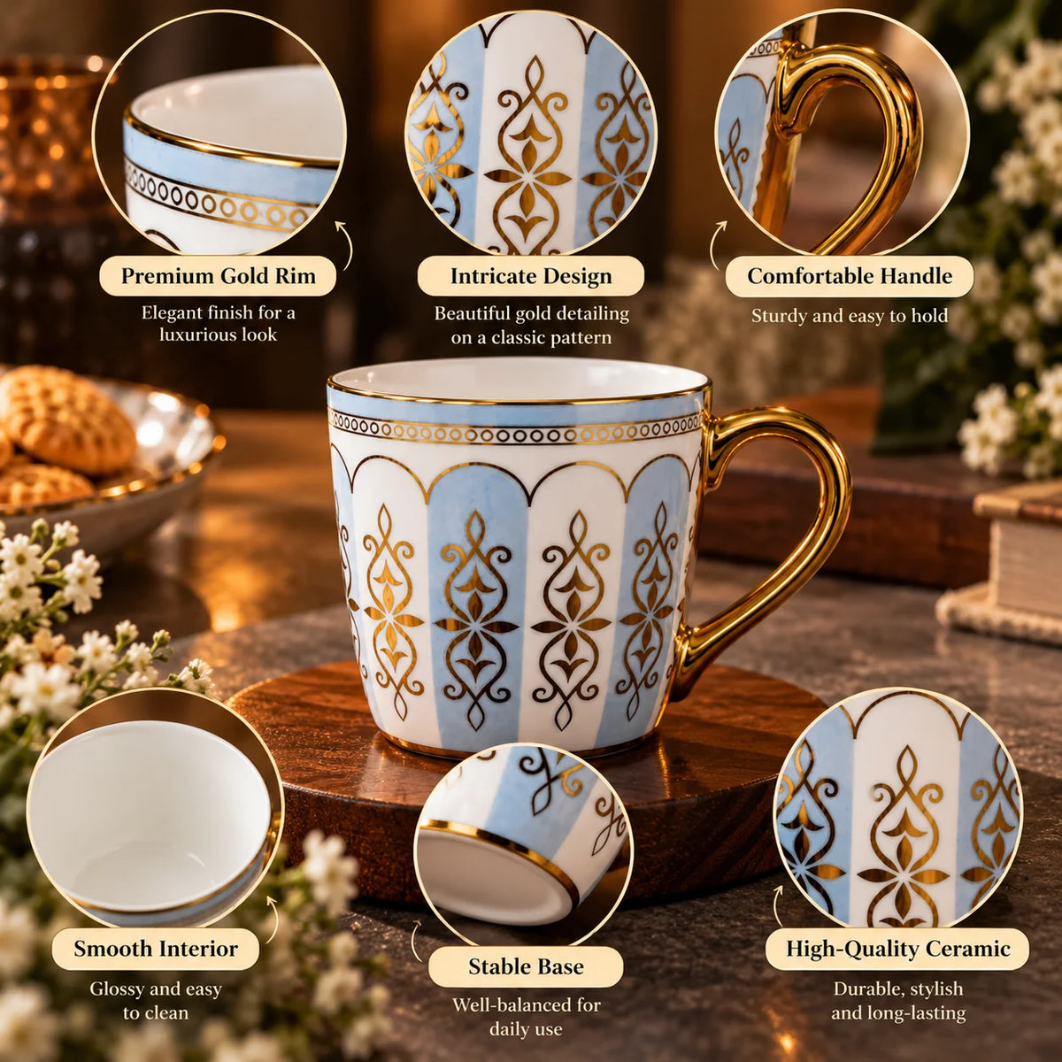 Celeste Blue & Gold Porcelain Tea Cup Set Of 6