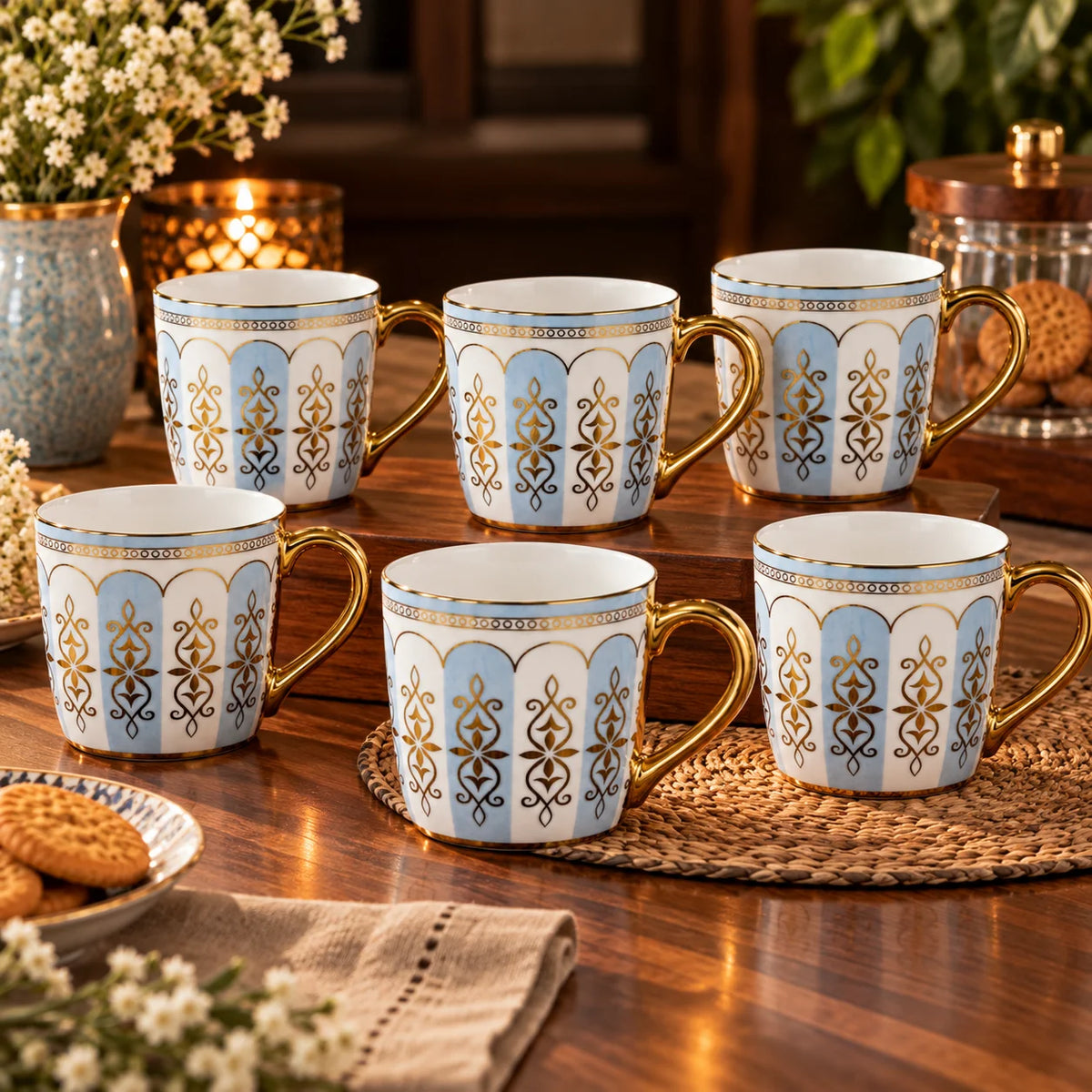 Celeste Blue & Gold Porcelain Tea Cup Set Of 6