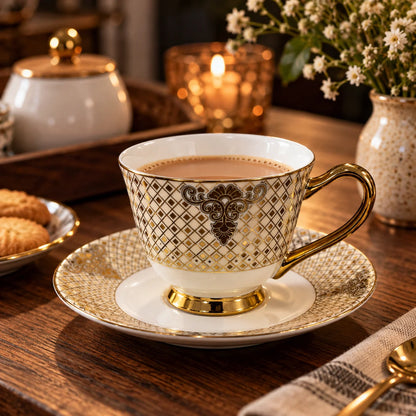 Regalia Gold Lattice Porcelain Cup & Saucer Set Pack of 6