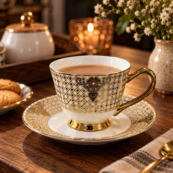 Regalia Gold Lattice Porcelain Cup & Saucer Set Pack of 6