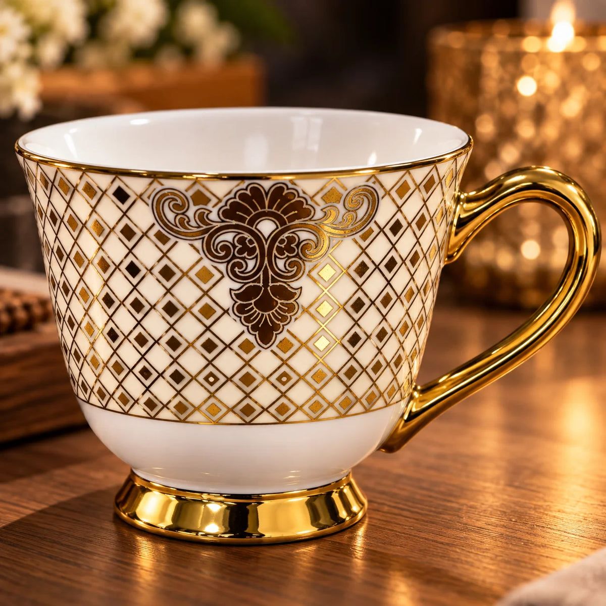 Regalia Gold Lattice Porcelain Cup & Saucer Set Pack of 6