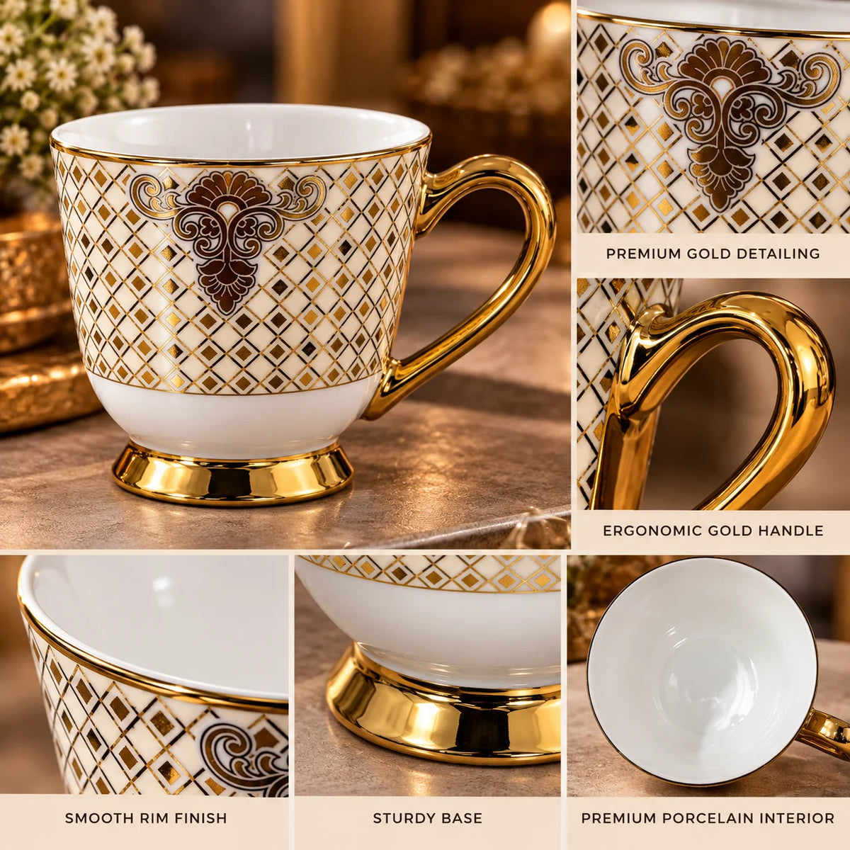 Regalia Gold Lattice Porcelain Cup & Saucer Set Pack of 6