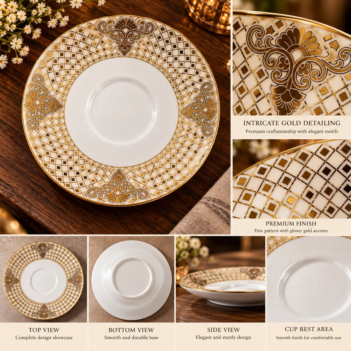 Regalia Gold Lattice Porcelain Cup & Saucer Set Pack of 6