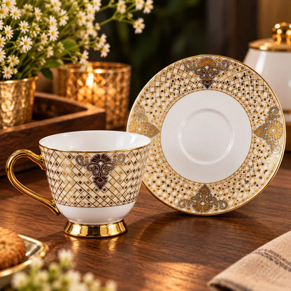 Regalia Gold Lattice Porcelain Cup & Saucer Set Pack of 6