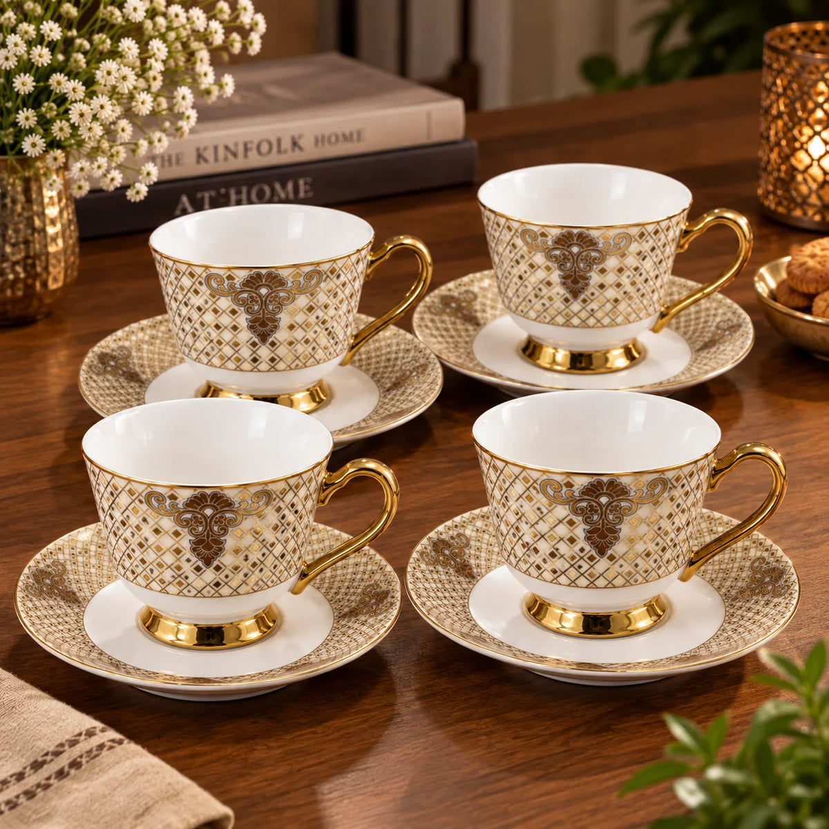 Regalia Gold Lattice Porcelain Cup & Saucer Set Pack of 6