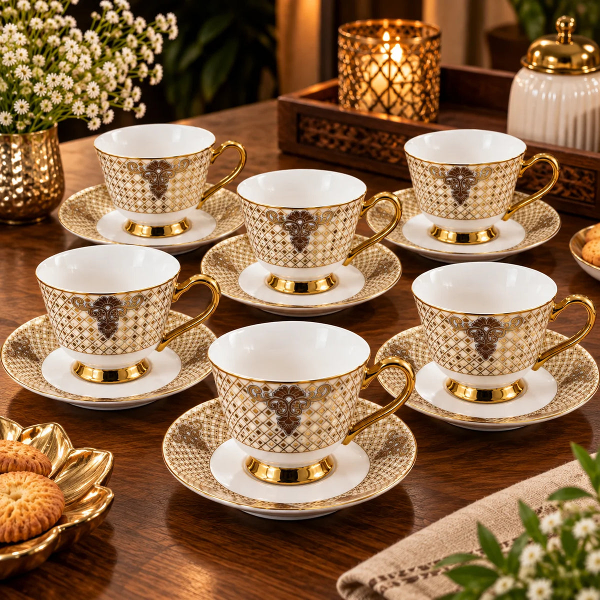 Regalia Gold Lattice Porcelain Cup & Saucer Set Pack of 6