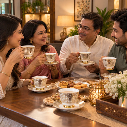 Regalia Gold Lattice Porcelain Cup & Saucer Set Pack of 6