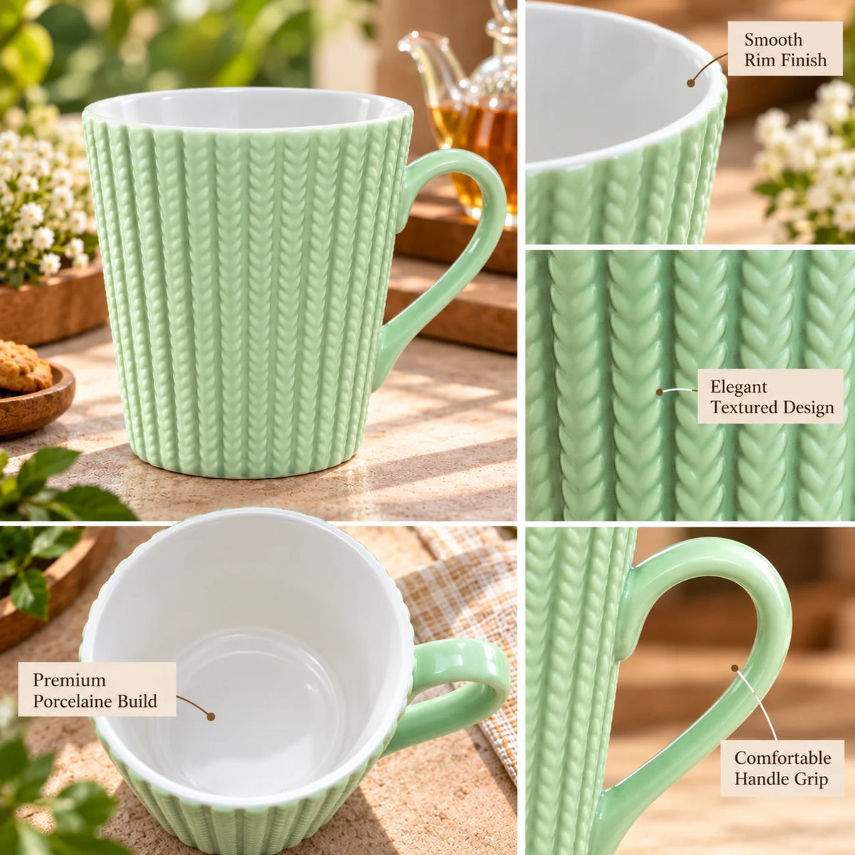Mint Weave Porcelain Tea & Coffee Cups – Set of 6