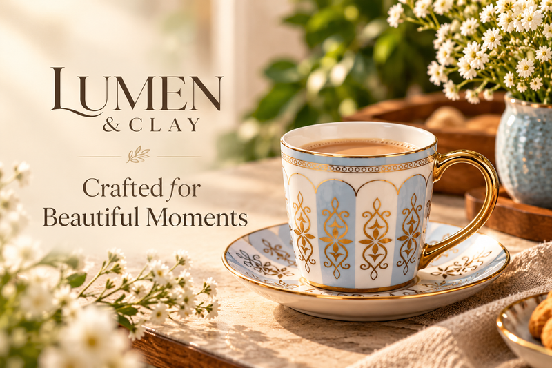 Editorial close-up of porcelain tea cup on warm linen cloth