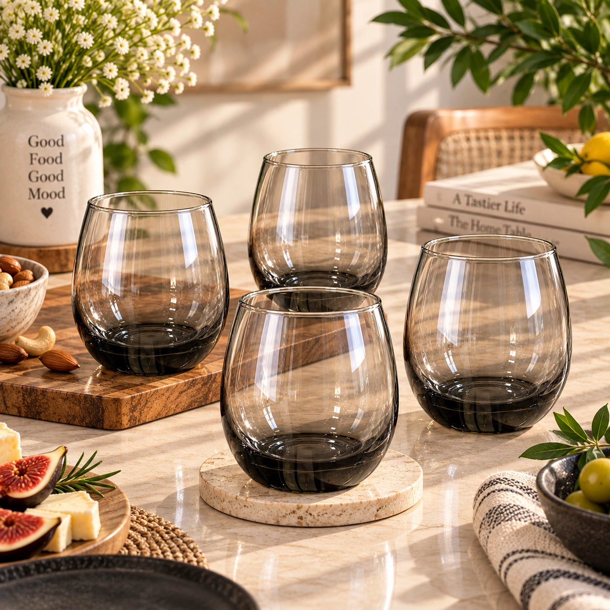 Smoky black stemless glasses styled on a home bar