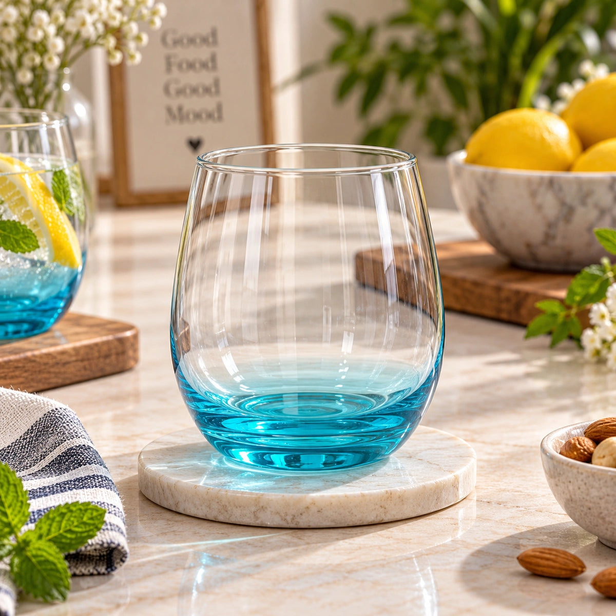 Aqua blue ombre stemless drinking glass with a tinted base