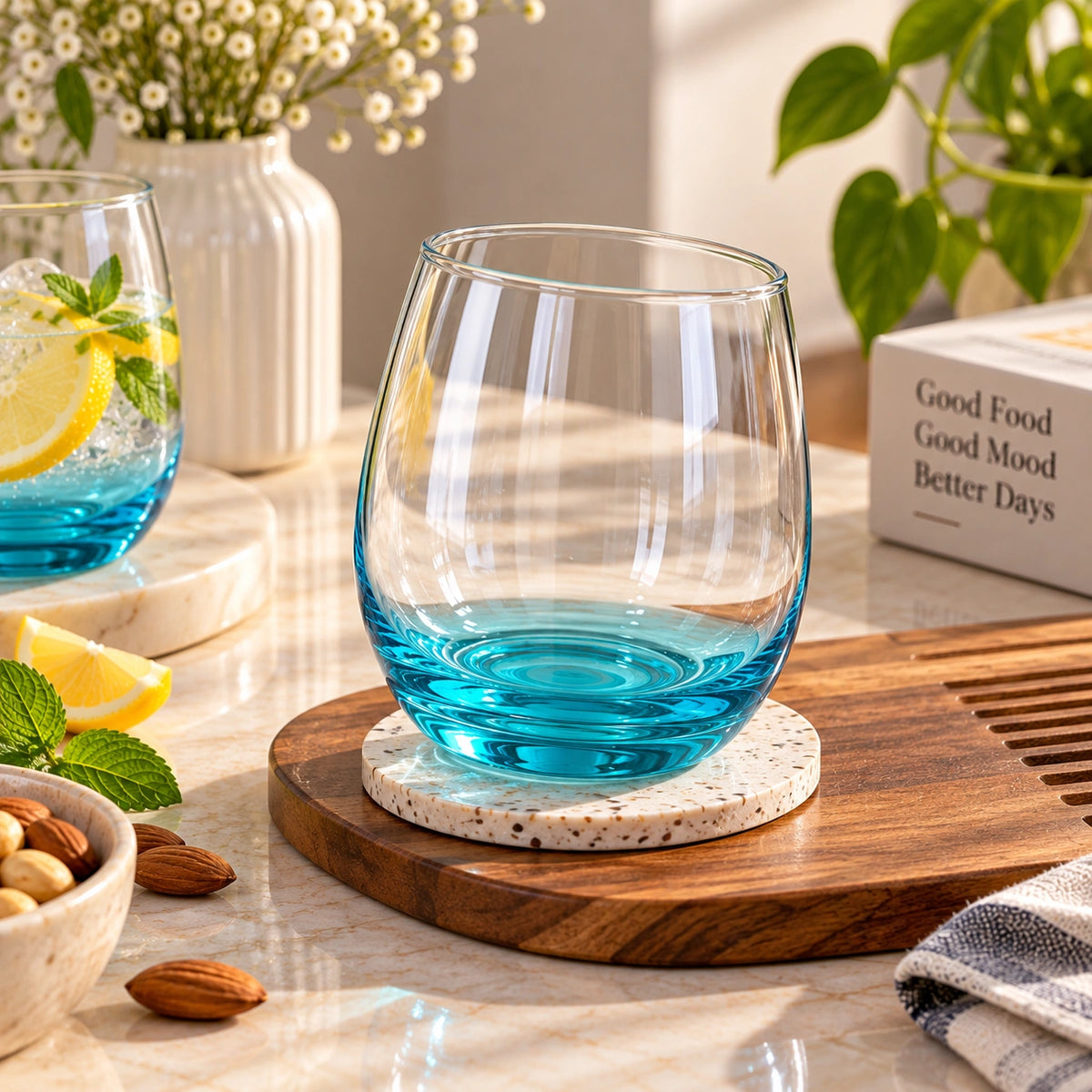 Close-up of the aqua blue ombre fade on the stemless glass