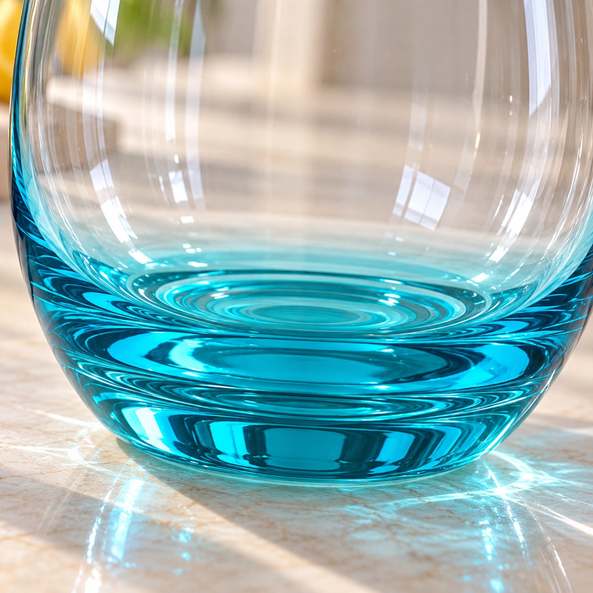 Aqua blue ombre stemless glass shown from the side