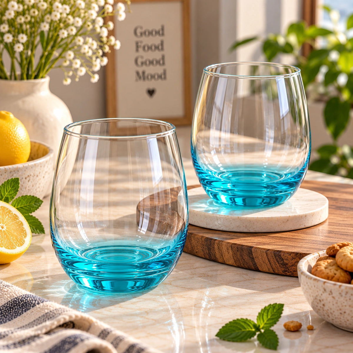 Aqua blue ombre stemless glass filled with a chilled drink