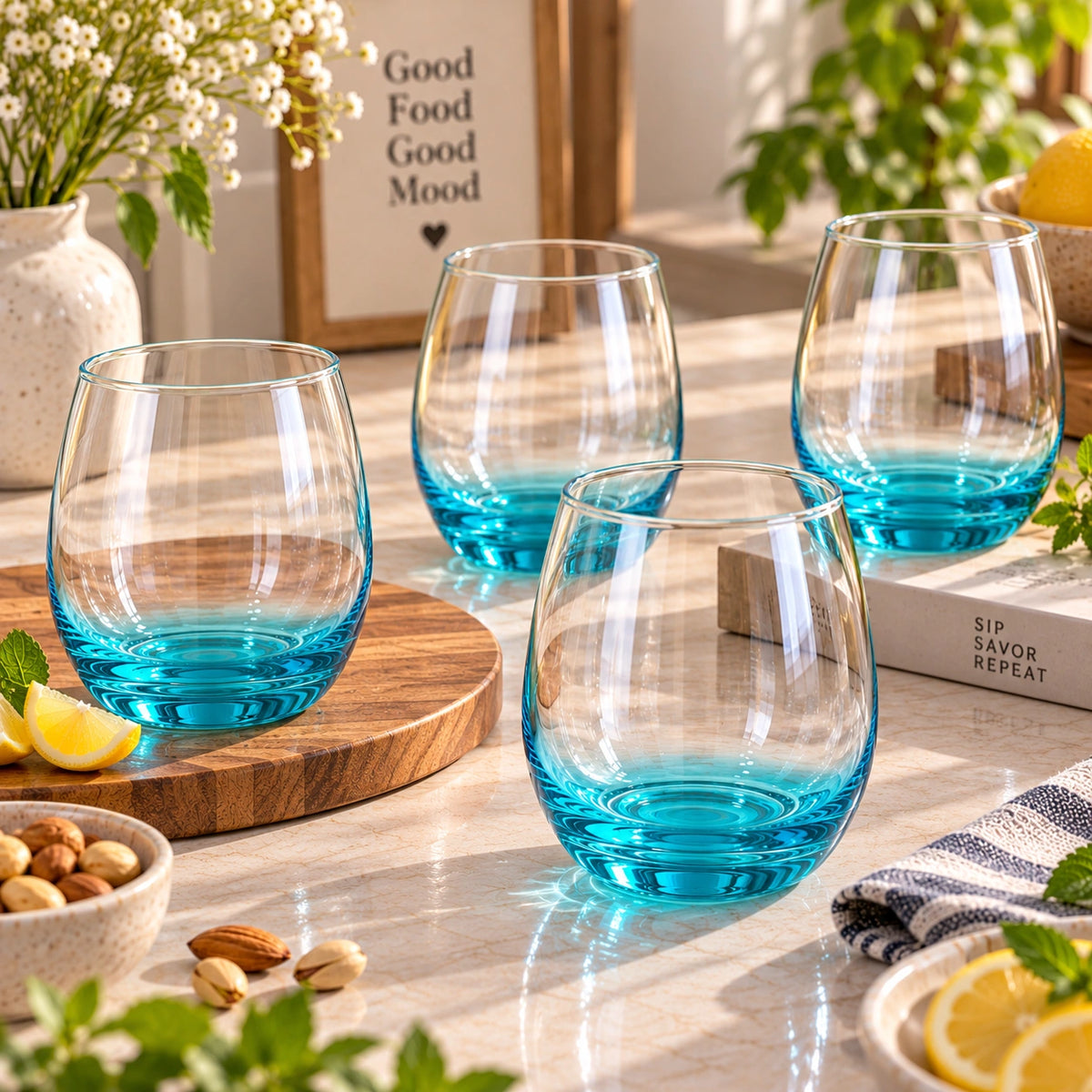 Aqua blue ombre stemless glasses styled on a table