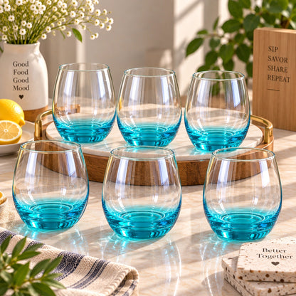 Aqua blue ombre stemless drinking glasses shown as a matching set