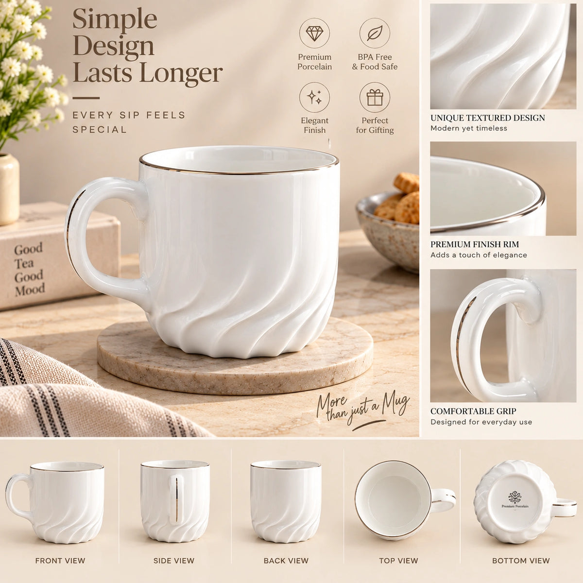 Close-up of the silver rim on the White Swirl porcelain cup