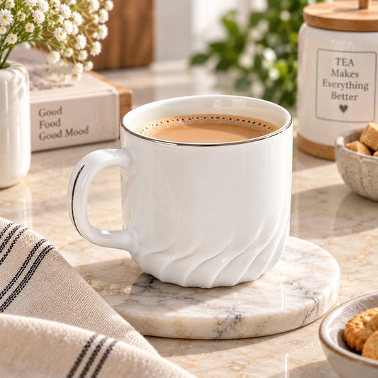 White Swirl tea and coffee cup with a carved swirl texture and silver rim